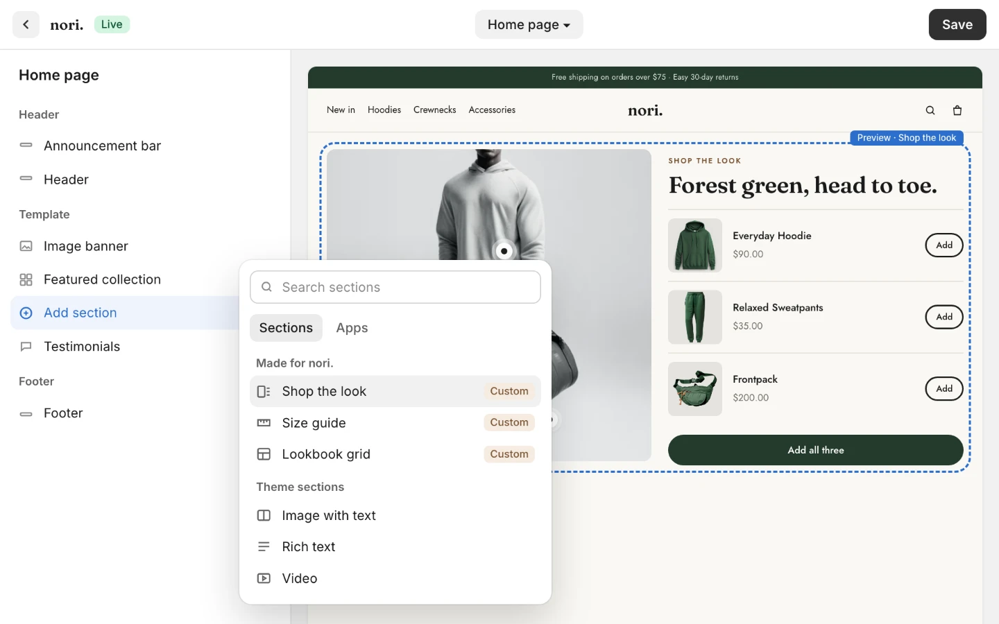 Cửa hàng demo trong trình chỉnh sửa theme Shopify, đang thêm section riêng “Shop the look” từ danh sách section