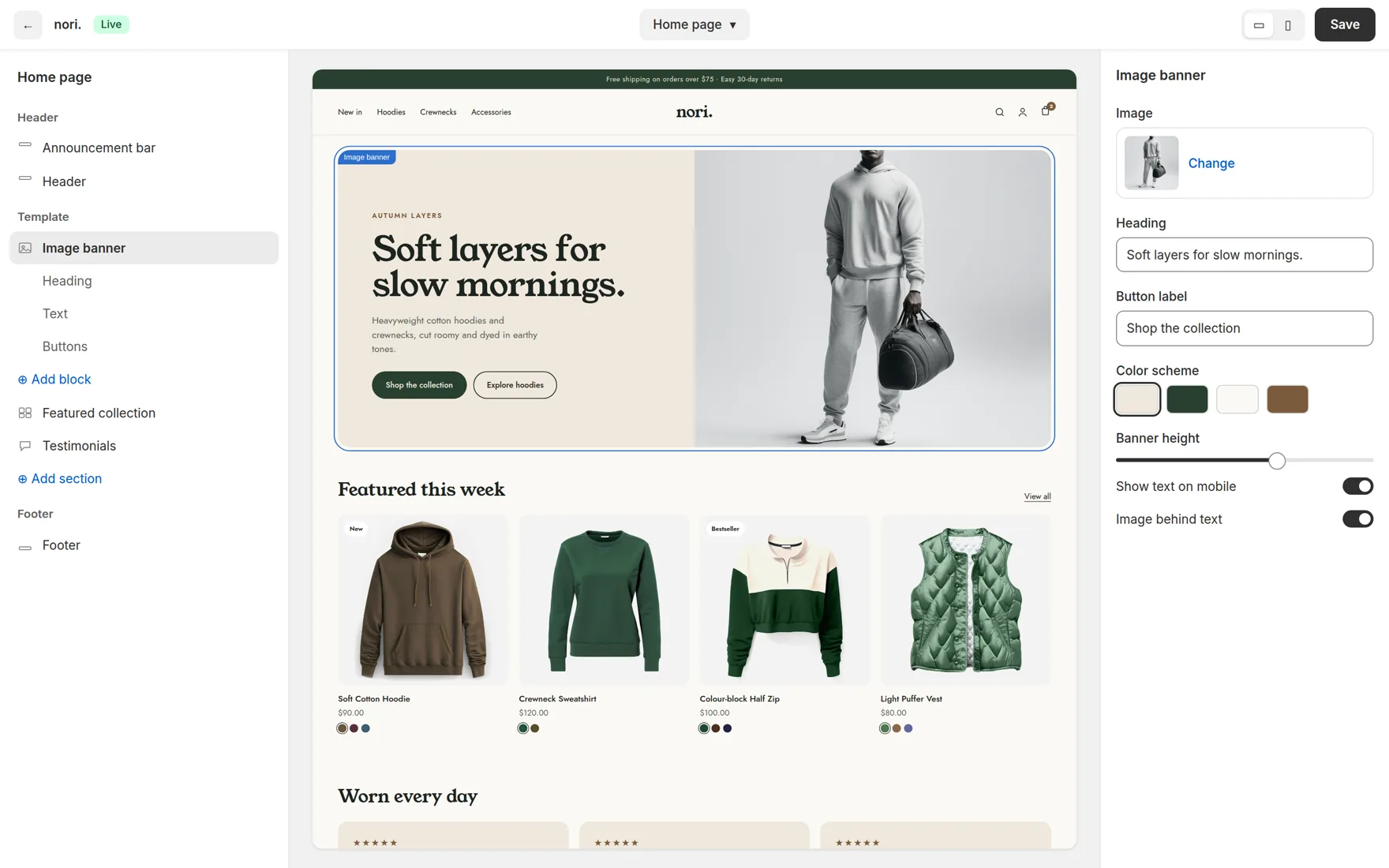 Một cửa hàng demo đang mở trong trình chỉnh sửa theme Shopify, phần banner đang được chọn